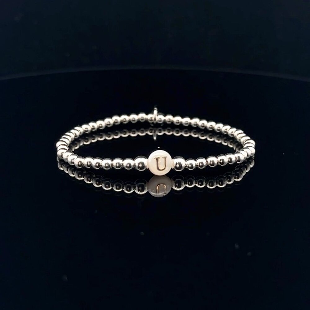925 Sterling Silver Beaded Stretch Stacking Bracelet MOP Letter Initial U